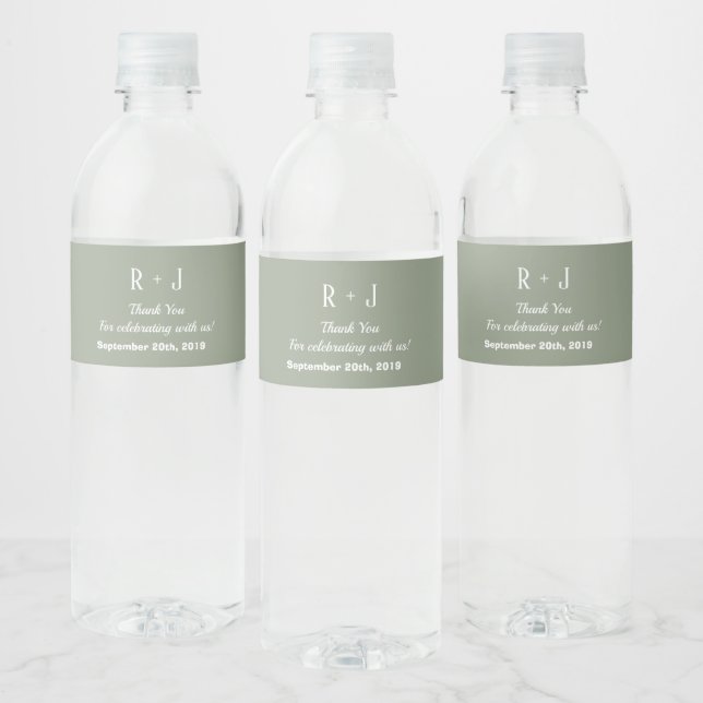 Sage Green & White Monogram Thank You Wedding Water Bottle Label (Bottles)