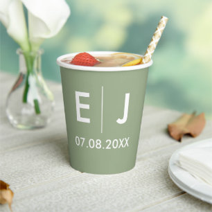 Sage Green & White Monogram Wedding Paper Cups