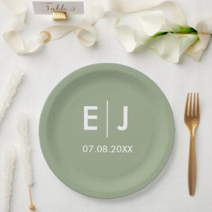 Sage Green & White Monogram Wedding Paper Plate