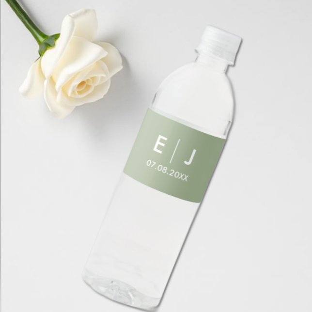 Sage Green & White Monogram Wedding Water Bottle Label (Creator Uploaded)