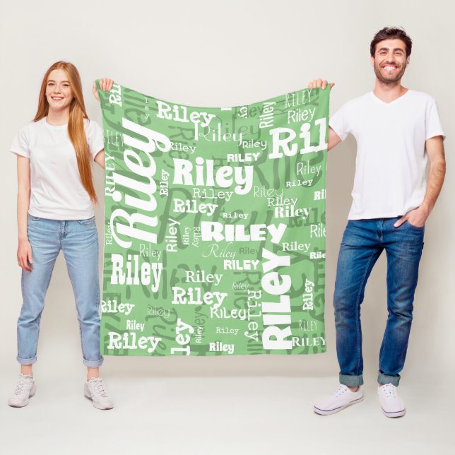 Sage Green White Name Pattern Personalised Fleece Blanket (In Situ)