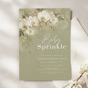 Sage Green White Orchid Bloom Baby Shower Invitation