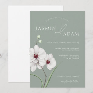 Sage Green White Orchid Initials Wedding Invitation