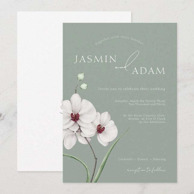 Sage Green White Orchids Initials Floral Wedding Invitation (Front/Back)