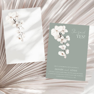 Sage Green White Orchids She Said Yes Engagement Invitation