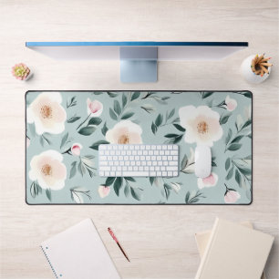 Sage Green white Peonies floral Desk Mat