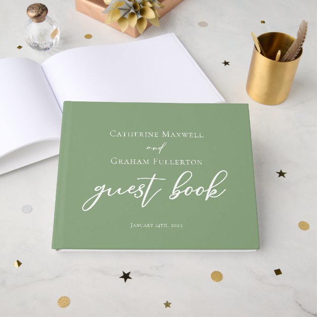 Sage Green White Personalised Wedding Guest Book (Front Open)