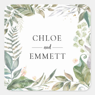Sage Green White Pink Botanical Wedding Square Sticker