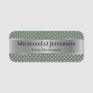 Sage Green White Polka Dots And Luxury Silver Gold Name Tag
