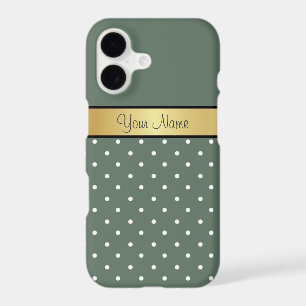 Sage Green White Polka Dots Golden Ribbon Name