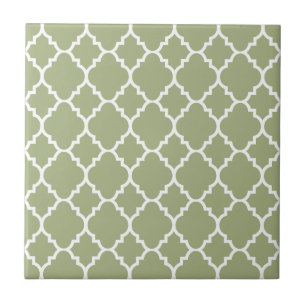 Sage Green White Quatrefoil Moroccan Pattern Tile