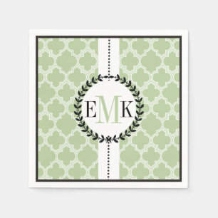 Sage green, white quatrefoil pattern wedding napkin