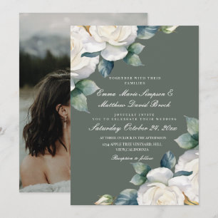 Sage Green & White Rose Floral Wedding Invitation