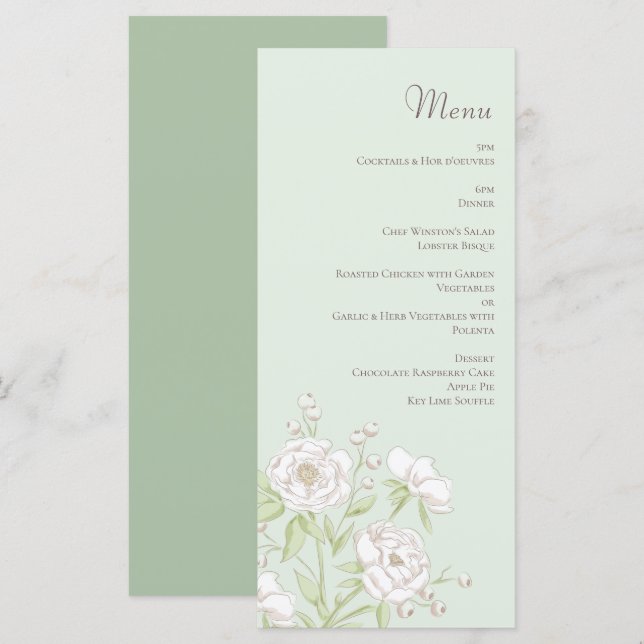 Sage Green White Rose Wedding Menus (Front/Back)