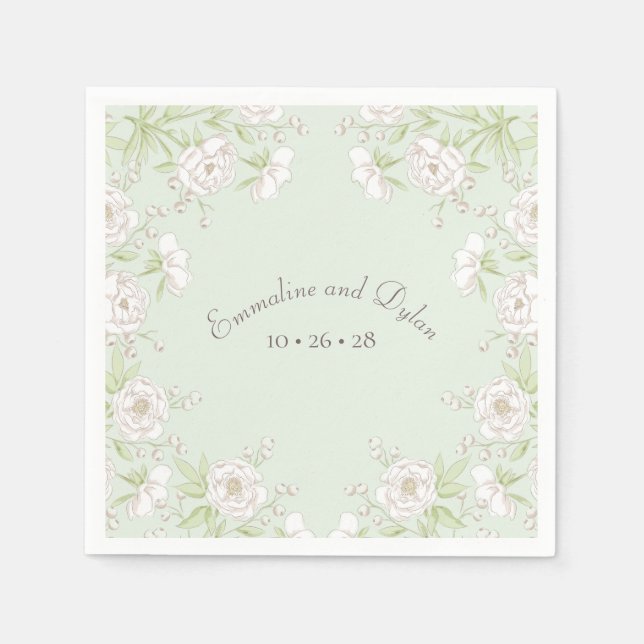 Sage Green White Rose Wedding Napkin (Front)