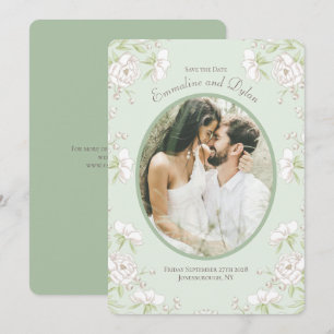 Sage Green White Rose Wedding Photo Save the Date Invitation
