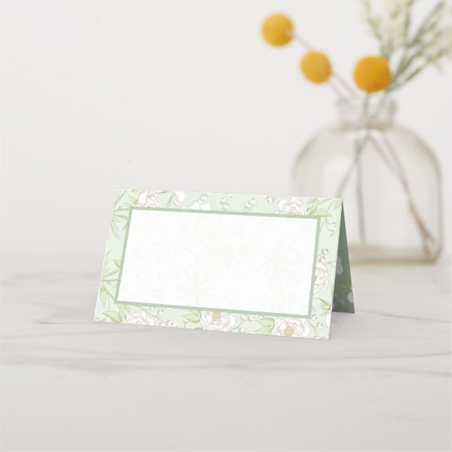 Sage Green White Rose Wedding Place Card (Front)