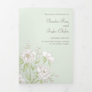 Sage Green White Rose Wedding Programs Tri-Fold Programme