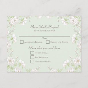 Sage Green White Rose Wedding RSVP Reply Holiday Postcard