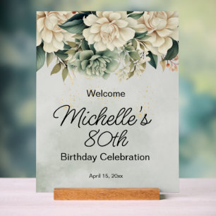 Sage Green White Roses 80th Birthday Acrylic Sign