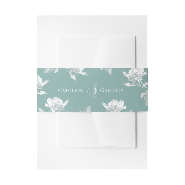 Sage Green White Roses Floral Wedding Invitation Belly Band (Front Example)