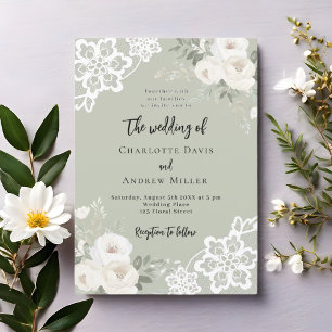 Sage green white roses greenery wedding invitation
