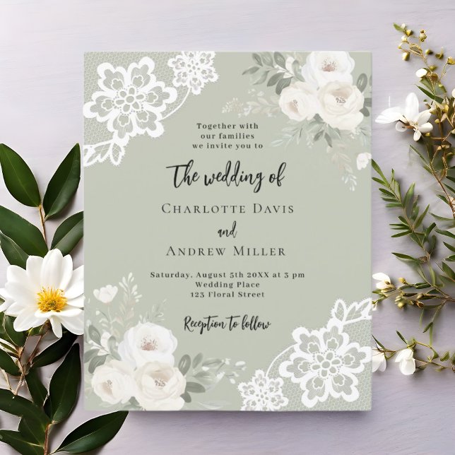Sage green white roses greenery wedding invitation (Creator Uploaded)