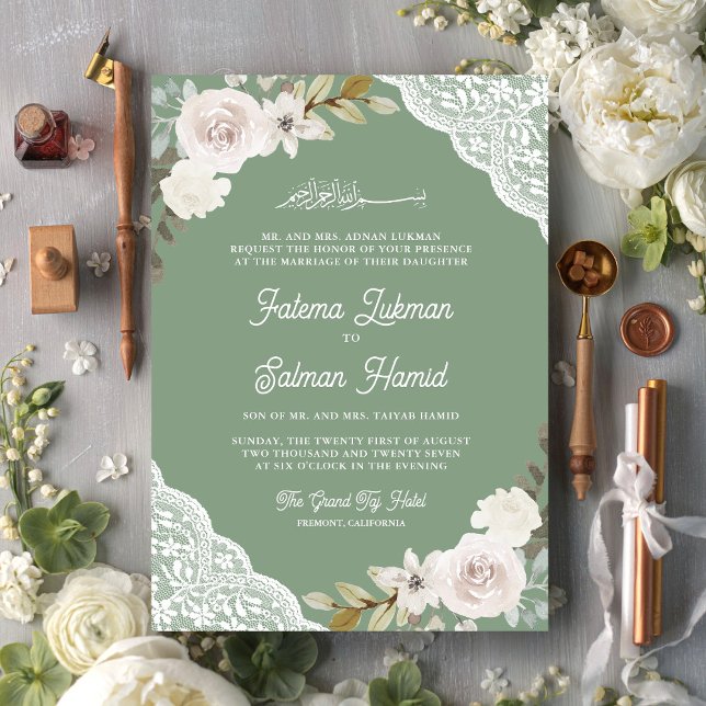Sage Green White Roses Lace Islamic Muslim Wedding Invitation (Creator Uploaded)