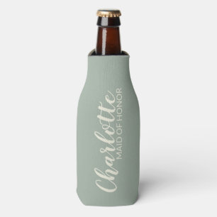 Sage Green White Script Bridesmaid Maid of Honour Bottle Cooler