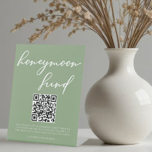 Sage Green White Script Honeymoon Fund QR Code Pedestal Sign