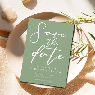 Sage Green White Script Minimalist Save the Date