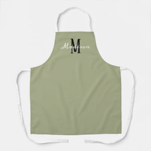 Sage Green White Script Monogram Personalised Apron
