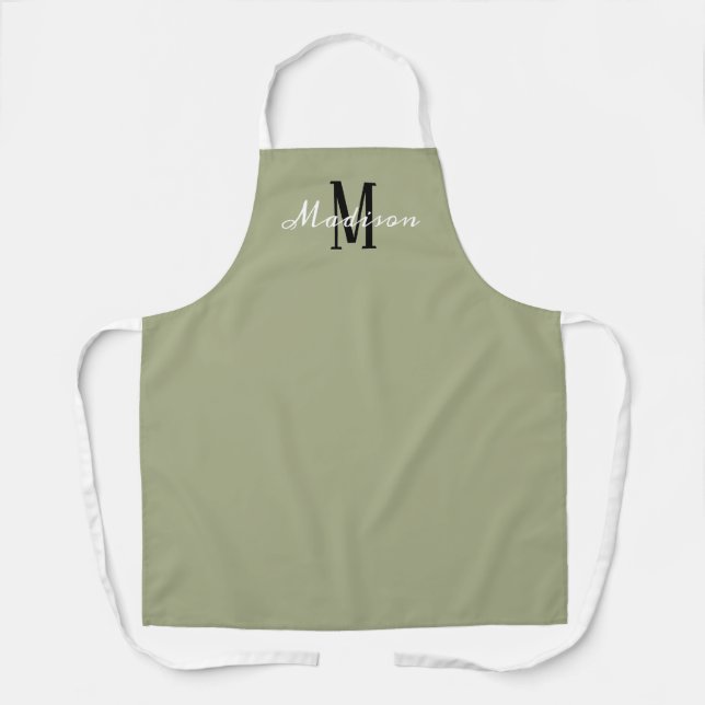 Sage Green White Script Monogram Personalised Apron (Front)