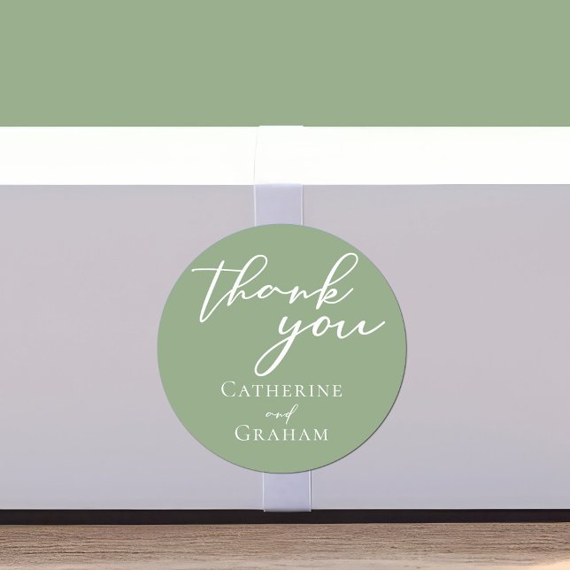 Sage Green White Script Personalised Wedding Classic Round Sticker (Creator Uploaded)