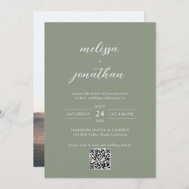 Sage Green & White Script Photo QR Code Wedding Invitation (Front/Back)