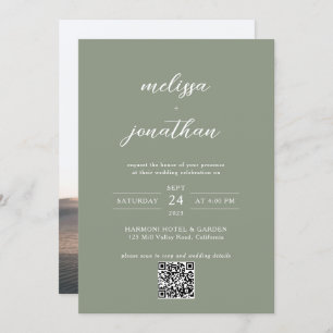 Sage Green & White Script Photo QR Code Wedding Invitation