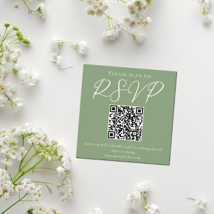 Sage Green White Script QR Code Wedding RSVP Enclosure Card
