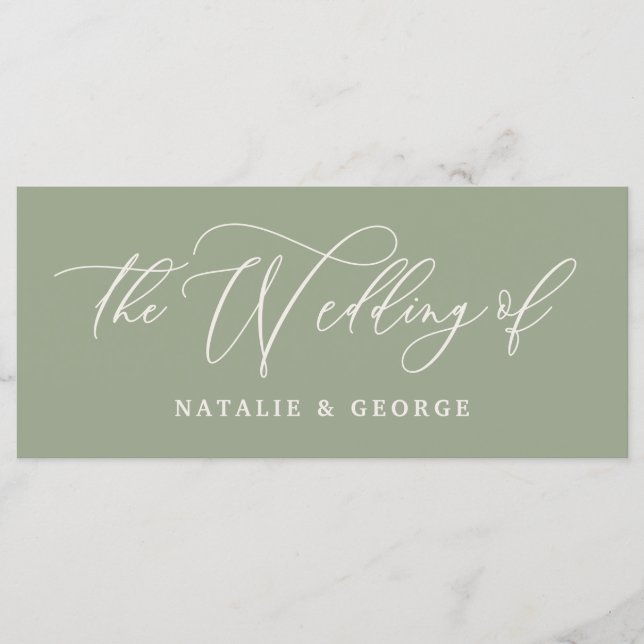 Sage green, white script the wedding of sign menu (Front)