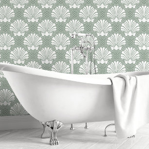 Sage Green & White Seashell Wallpaper