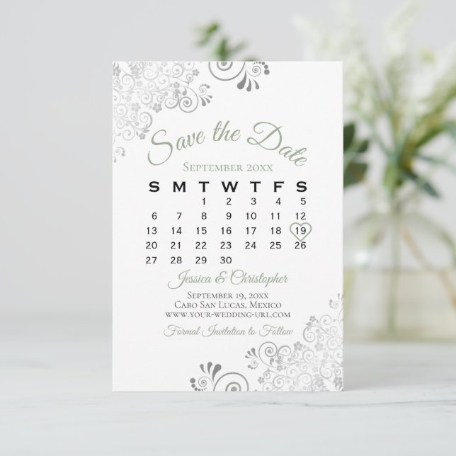 Sage Green & White Simple Elegant Wedding Calendar Save The Date (Standing Front)