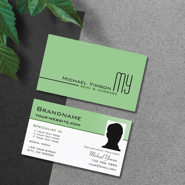 Sage Green White Simple with Monogram and Photo Business Card (Creator Uploaded)