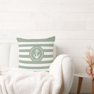 Sage-Green & White Stripes Nautical Anchor Cushion