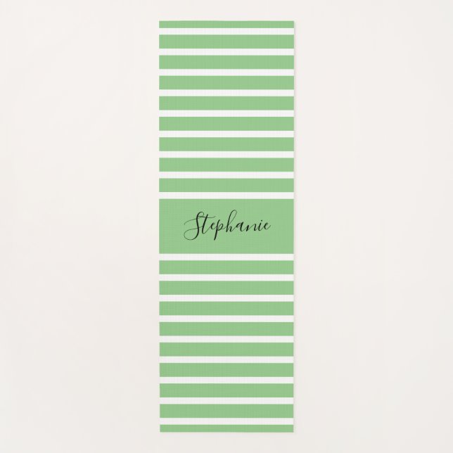 Sage Green White Stripes Patterns Custom Name Gift Yoga Mat (Front)