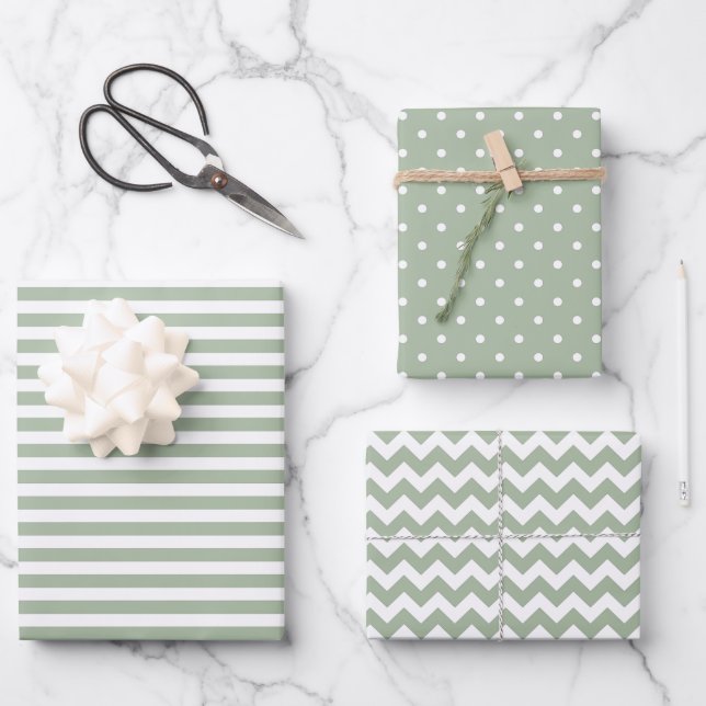 Sage Green &  White Stripes Polka Dot Chevron Wrapping Paper Sheet (Front)