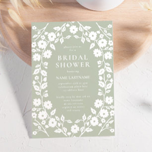 Sage Green White Stylish Folk Floral Bridal Shower Invitation