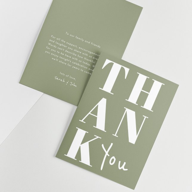 Sage Green White Stylish Minimalist Bold Wedding Thank You Card (Front / Back)