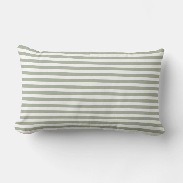 Sage Green White Thin Horizontal Stripes Outdoor Lumbar Cushion (Front)