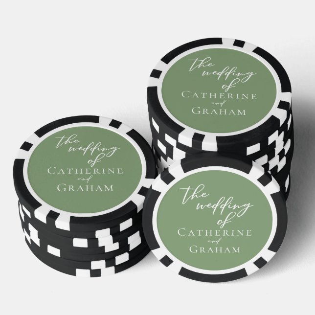 Sage Green White Typography Personalised Wedding Poker Chips (Stack)