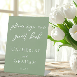 Sage Green White Typography Wedding Guest Book Pedestal Sign