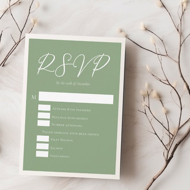 Sage Green White Typography Wedding RSVP Card (Creator Uploaded)